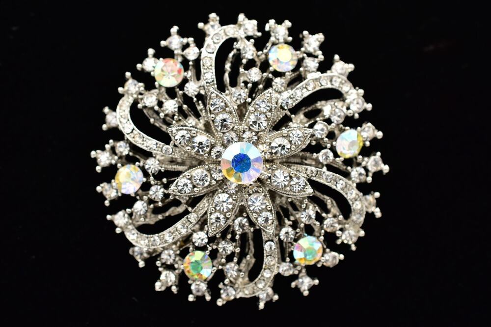 Vintage AB Aurora Borealis Rhinestone Flower Burst Brooch Pin Crystal Y2K A26